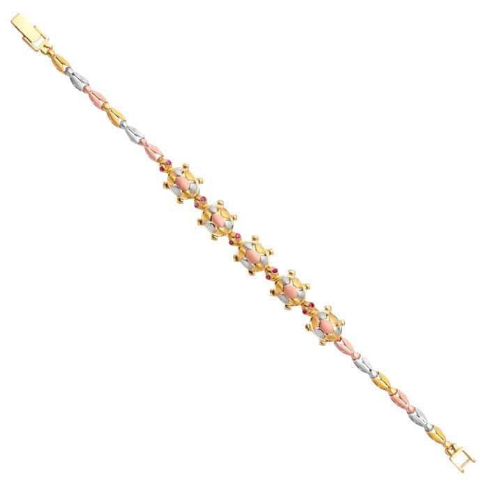 14K Tri Color Gold Turtle Bracelet - 7.5"