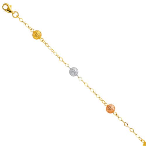 14K Tri Color Gold Light Chain Bracelet with Snow Ball - 7"