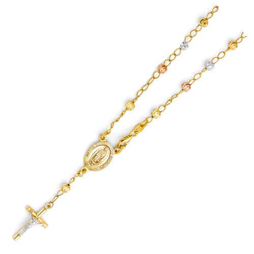 14K Tri Color Gold 4mm Moon Ball Rosario Bracelet - 7.25"