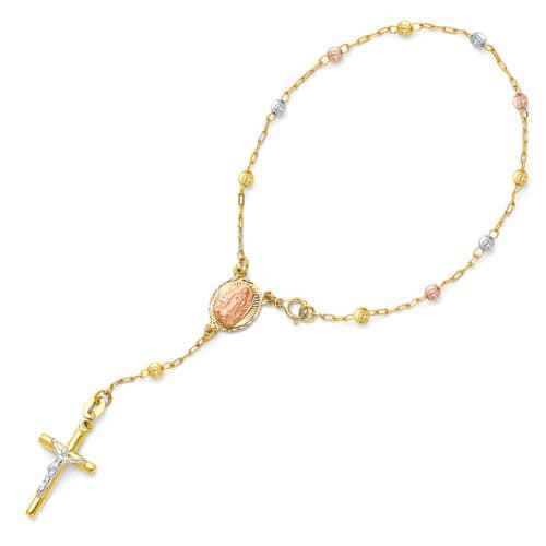 14K Tri Color Gold 3mm Moon Ball Rosario Bracelet - 7.25"