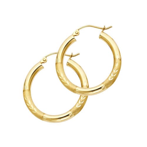 14K Yellow Gold 3mm Diamond Cut Hoop Earrings