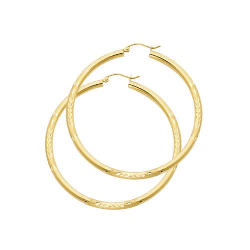 14K Yellow Gold 3mm Diamond Cut Hoop Earrings