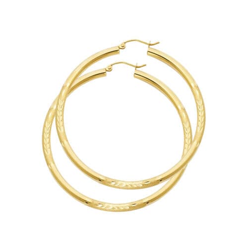 14K Yellow Gold 3mm Diamond Cut Hoop Earrings