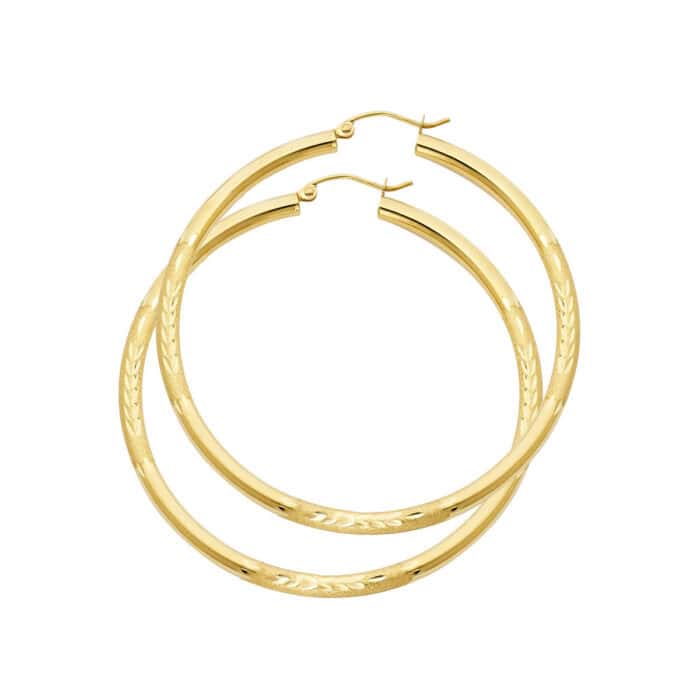 14K Yellow Gold 3mm Diamond Cut Hoop Earrings