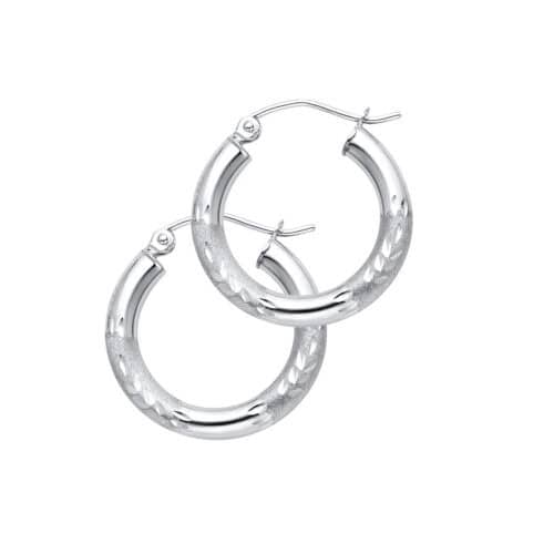 14K White Gold 3mm Diamond Cut Hoop Earrings