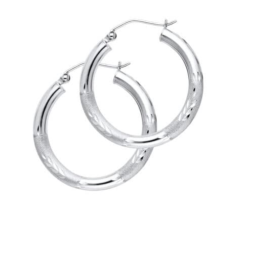 14K White Gold 3mm Diamond Cut Hoop Earrings