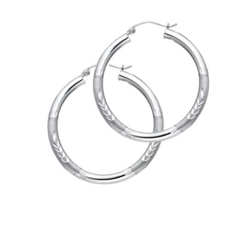 14K White Gold 3mm Diamond Cut Hoop Earrings