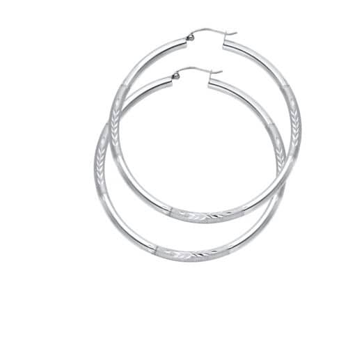 14K White Gold 3mm Diamond Cut Hoop Earrings