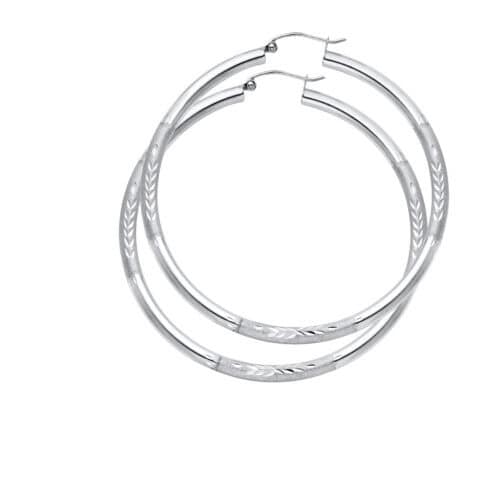14K White Gold 3mm Diamond Cut Hoop Earrings
