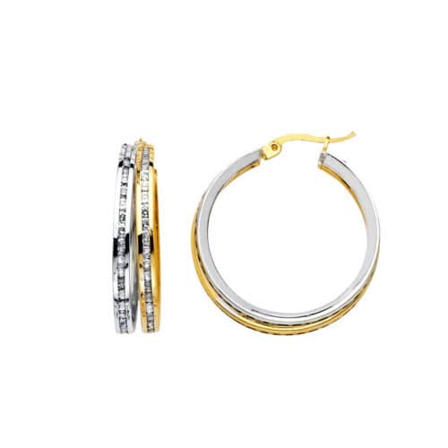 14K Two Tone Gold RD Cubic Zirconia Channel 2 Line Hoop Earrings
