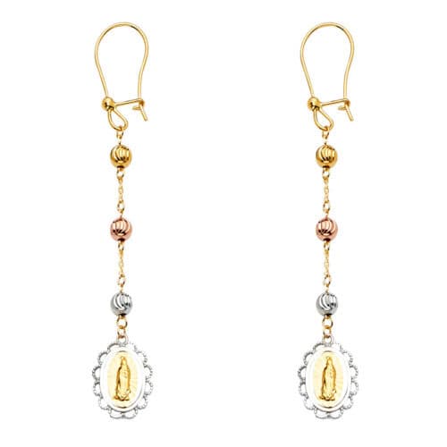 14K Tri Color Gold Our Lady of Guadalupe Hanging Earrings