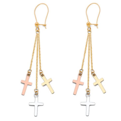 14K Tri Color Gold 3 Cross Hanging Earrings