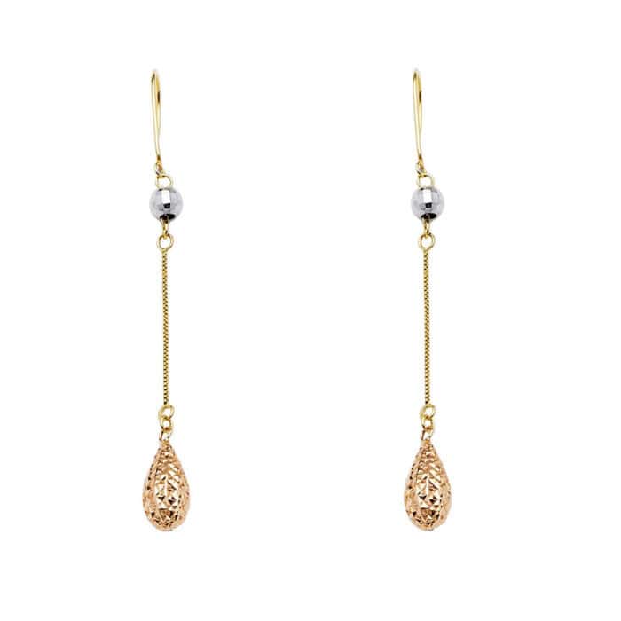 14K Two Tone Gold Teardrop Ball Hanging Earrings