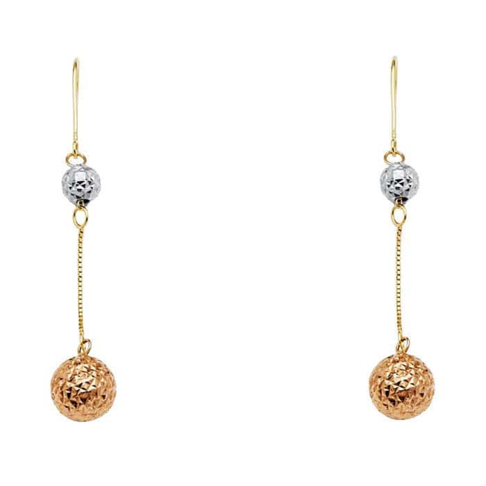 14K Two Tone Gold RD Ball Hanging Earrings