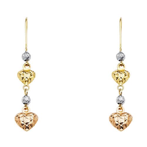 14K Tri Color Gold Heart Hanging Earrings