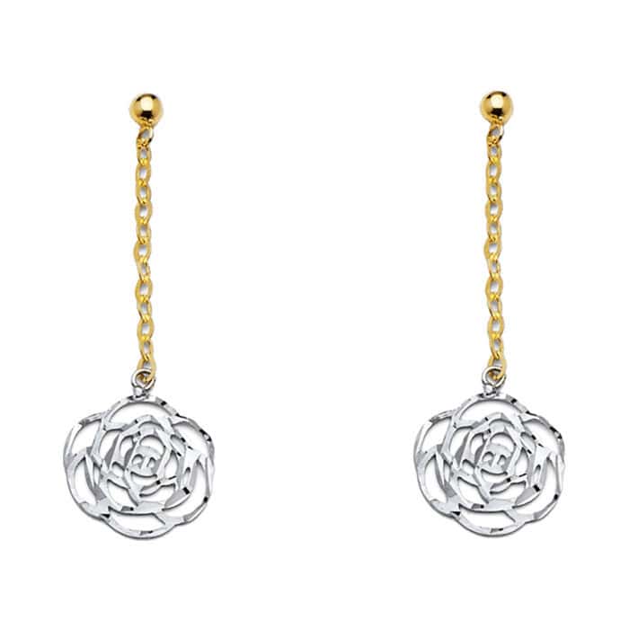 14K Two Tone Gold Flower Hanging Earrings