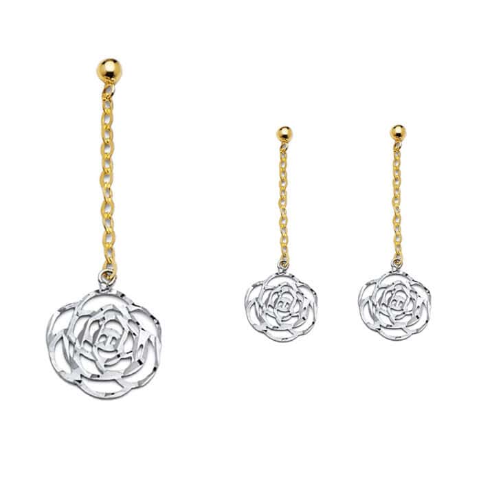 14K Two Tone Gold Flower Hanging Earrings - Image 2