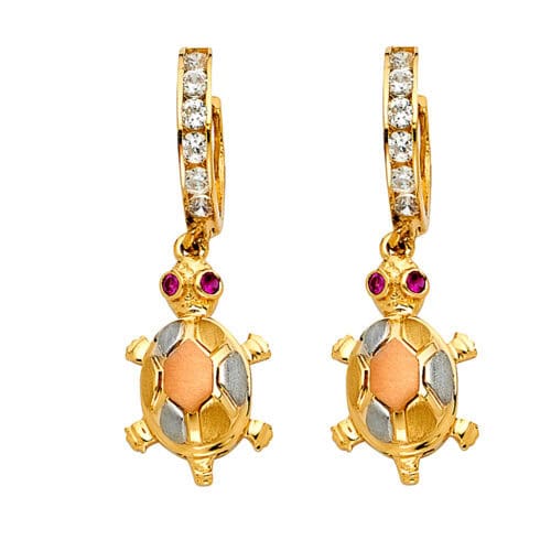 14K Tri Color Gold Cubic Zirconia Hanging Huggies Earrings