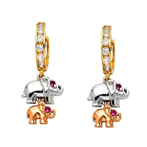 14K Tri Color Cubic Zirconia Hanging Huggies Earrings
