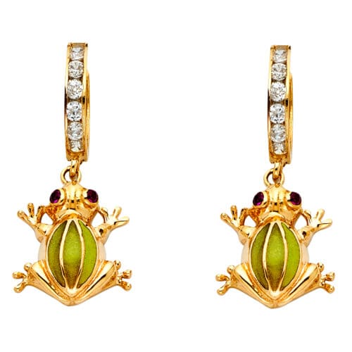 14K Yellow Gold Frog Cubic Zirconia Hanging Huggies Earrings