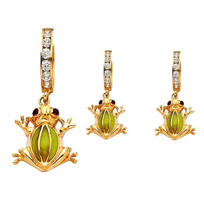 14K Yellow Gold Frog Cubic Zirconia Hanging Huggies Earrings - Image 2