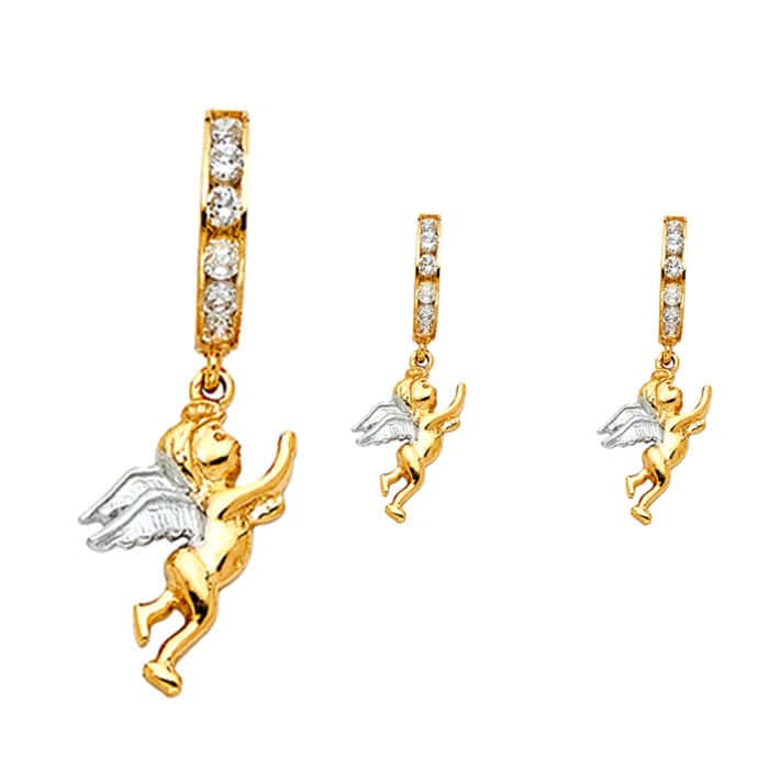 14K Two Tone Gold Cubic Zirconia Hanging Huggies Earrings - Image 2