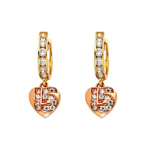 14K Tri Color Gold Cubic Zirconia Hanging Huggies Earrings