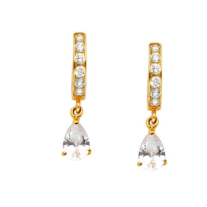 14K Yellow Gold Cubic Zirconia Hanging Huggies Earrings