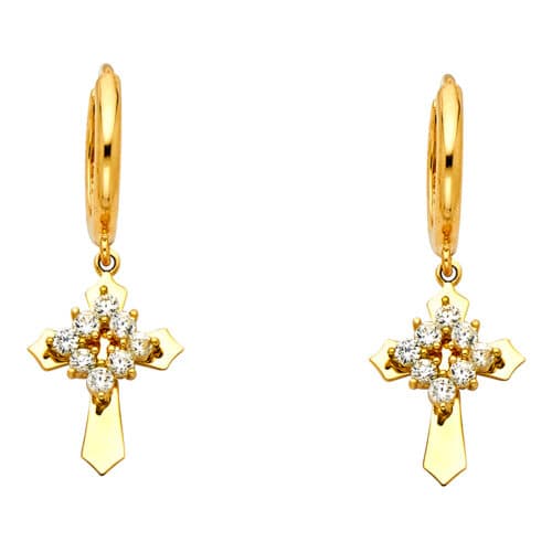 14K Yellow Gold Cubic Zirconia Hanging Huggies Earrings