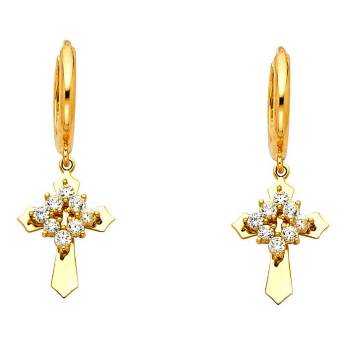 14K Yellow Gold Cubic Zirconia Hanging Huggies Earrings