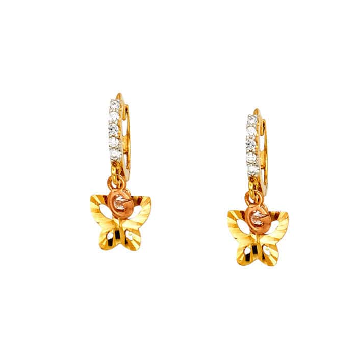 14K Two Tone Gold Cubic Zirconia Hanging Huggies Earrings