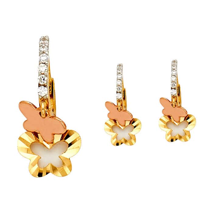14K Two Tone Gold Cubic Zirconia Hanging Huggies Earrings - Image 2
