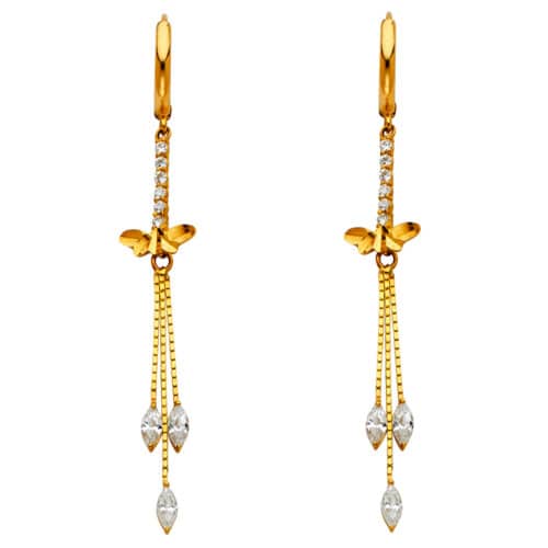 14K Yellow Gold Cubic Zirconia Hanging Huggies Earrings