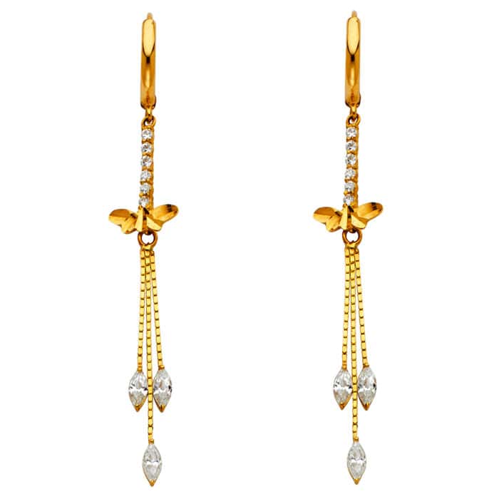 14K Yellow Gold Cubic Zirconia Hanging Huggies Earrings