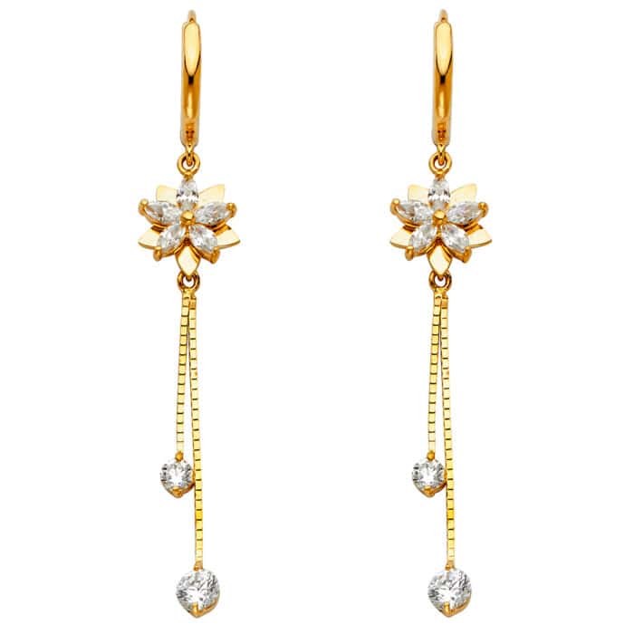 14K Yellow Gold Cubic Zirconia Hanging Huggies Earrings