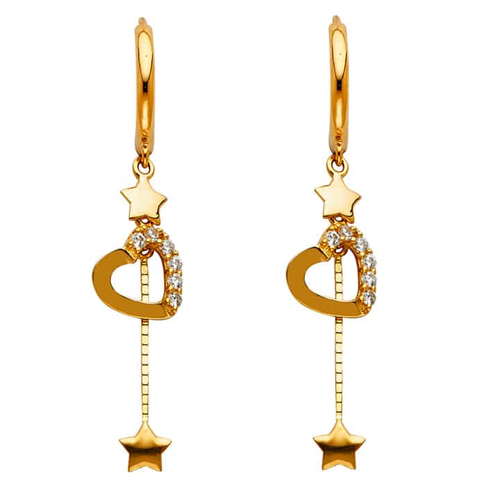 14K Yellow Gold Cubic Zirconia Hanging Huggies Earrings