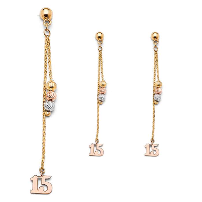 14K Tri Color Gold Hanging Earrings - Image 2