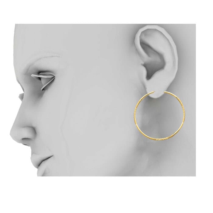 14K Yellow Gold  2mm Diamond Cut Hoop Earrings - Image 3
