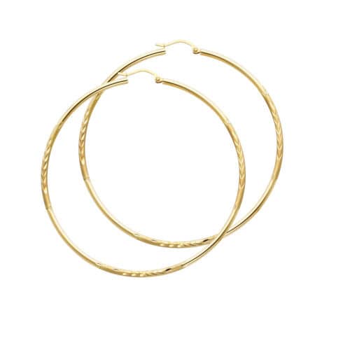 14K Yellow Gold 2mm Diamond Cut Hoop Earrings