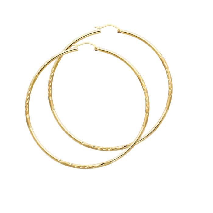 14K Yellow Gold 2mm Diamond Cut Hoop Earrings