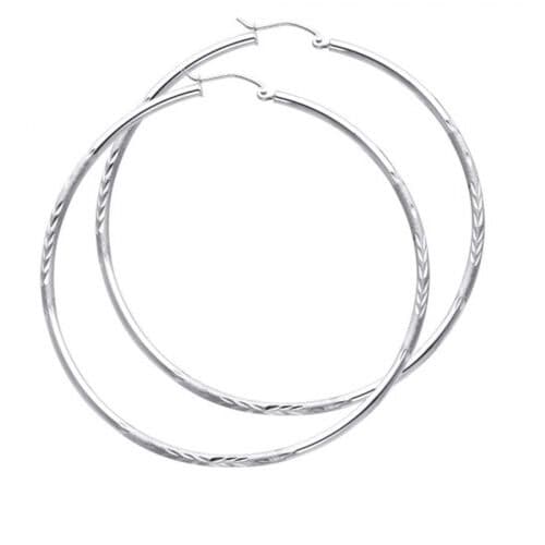 14K White Gold 2mm Diamond Cut Hoop Earrings