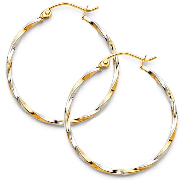 14K Two Tone Gold 1.5mm Twisted Tube Hoop Earrings - Image 2