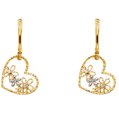 14K Two Tone Gold Open Heart and Flowers Earrings