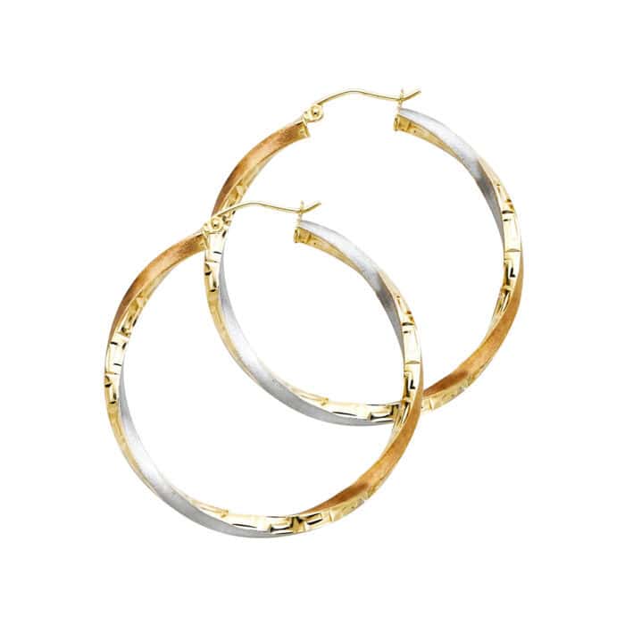 14K Tri Color Gold 3mm Twisted Hoop Earrings - Image 3