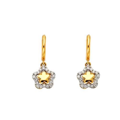 14K Yellow Gold Flower Cubic Zirconia Hanging Earrings