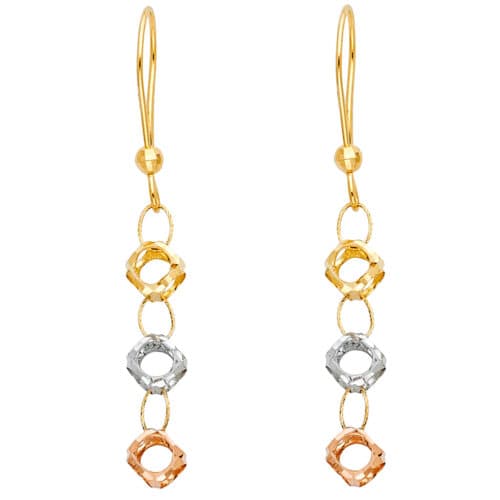 14K Tri Color Gold Perforated Ball Hanging Earrings