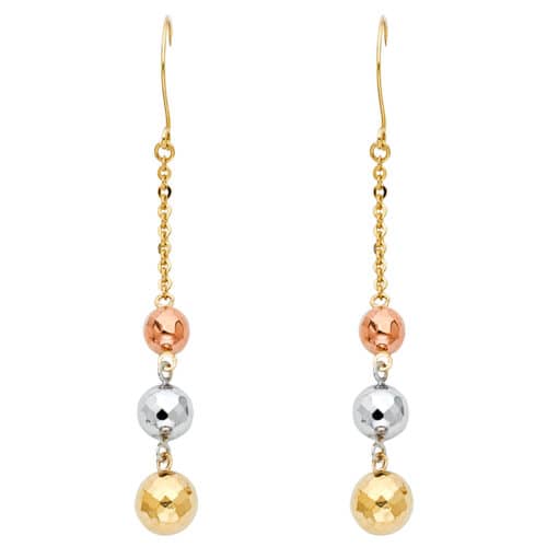 14K Tri Color Gold 3 Disco Ball Hanging Earrings