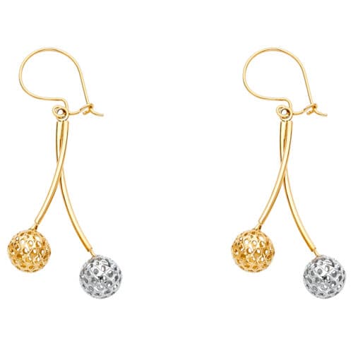 14K Two Tone Gold Perforated Ball Hanging Earrings