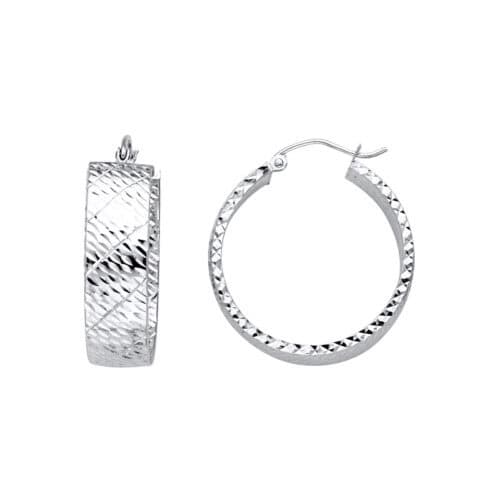 14K White Gold Hollow Wide Full Diamond Cut Hoop Earrings