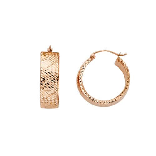 14K Rose Gold Hollow Wide Full Diamond Cut Hoop Earrings